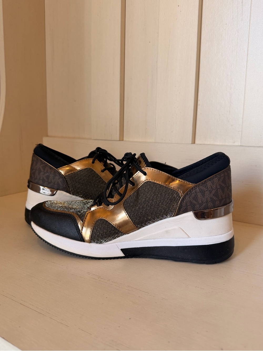 Michael Kors Gold, Black & Brown Wedge Lace-Up Sneakers